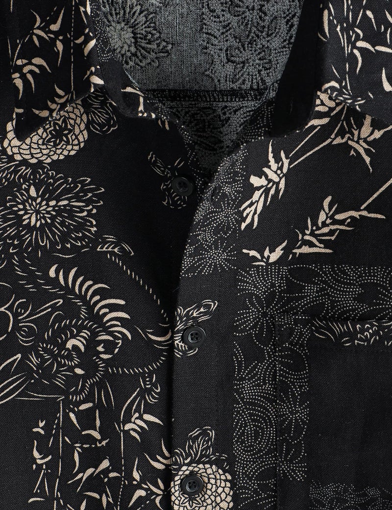 PARKLEES Men's Casual Linen Flower Print Shirt Short Sleeve Button up Hawaiian Shirts Hipster 70s Hippie Tops Black Flower Large - Image 3