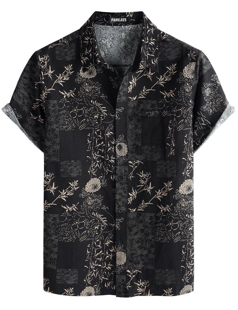 PARKLEES Men's Casual Linen Flower Print Shirt Short Sleeve Button up Hawaiian Shirts Hipster 70s Hippie Tops Black Flower Large - Image 1