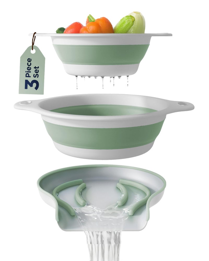 Gevoli Collapsible Colanders (2 Pack Set) Food Strainers with Over-Sink Water Draining Base for Pasta Fruits and Vegetables (4 and 5 Quart) - White/Sage - Image 1