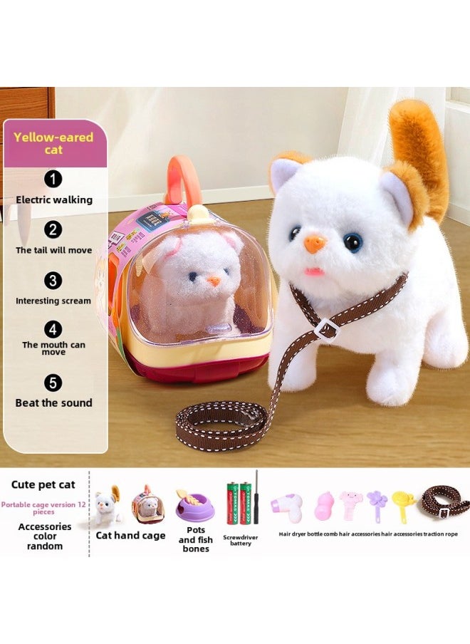 Children's Simulation Electric Plush Kitten Girl Toy Will Call Walking Adorable Rabbit Puppy Doll Gift-Color:Yellow Ear Cat  Fish Bone Dress Package-Specifications:Rechargeable Battery Edition  - Image 1