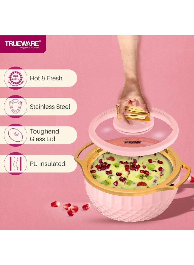 Trueware Classic Inner Steel with See Through Toughened Glass Lid Casserole | 1000 ml, Pink | PU Insulated | BPA Free | Oduor Proof | Food Grade | Ideal for Chapatti | Roti | Curd Maker | Hot Pot - Image 3