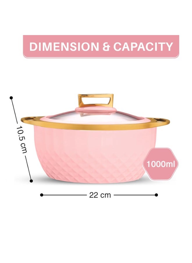 Trueware Classic Inner Steel with See Through Toughened Glass Lid Casserole | 1000 ml, Pink | PU Insulated | BPA Free | Oduor Proof | Food Grade | Ideal for Chapatti | Roti | Curd Maker | Hot Pot - Image 2