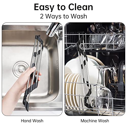 Tomorotec Foldable Stainless Steel Triangle Roll-Up Dish Drying Rack for Small Sink Corners - Over-The-Sink Multipurpose Kitchen Drainer, Rustproof Organizer, Trivet and Shelf - Space-Saving (Black) - Image 5