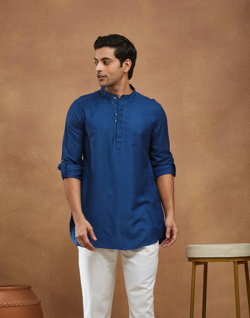 فاب انديا Blue Viscose Silk Slim Fit Short Kurta