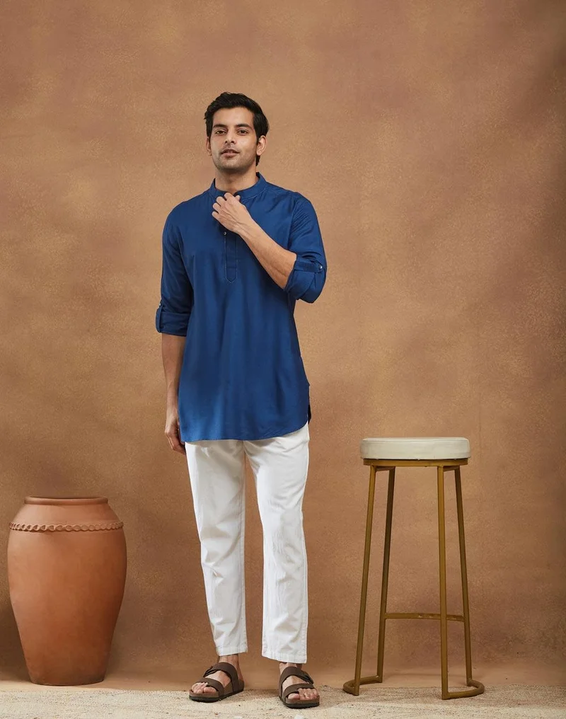 Fabindia Blue Viscose Silk Slim Fit Short Kurta