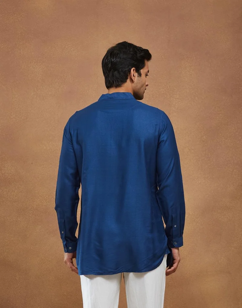Fabindia Blue Viscose Silk Slim Fit Short Kurta