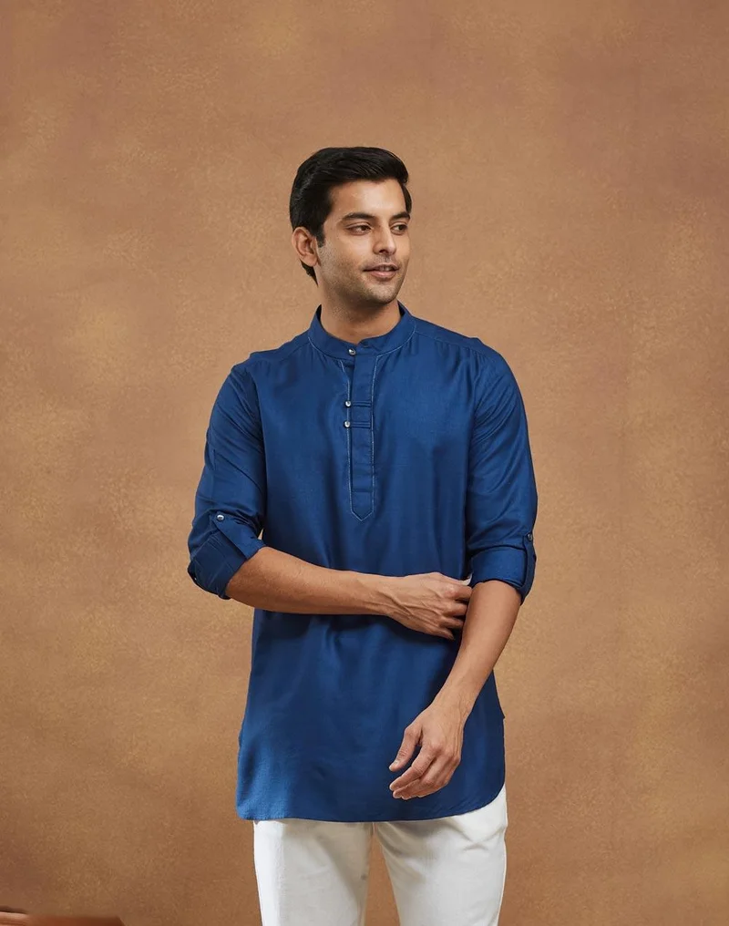 فاب انديا Blue Viscose Silk Slim Fit Short Kurta