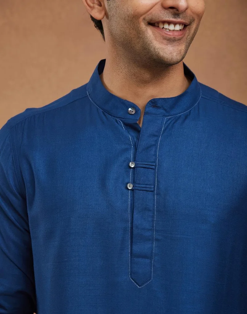 Fabindia Blue Viscose Silk Slim Fit Short Kurta