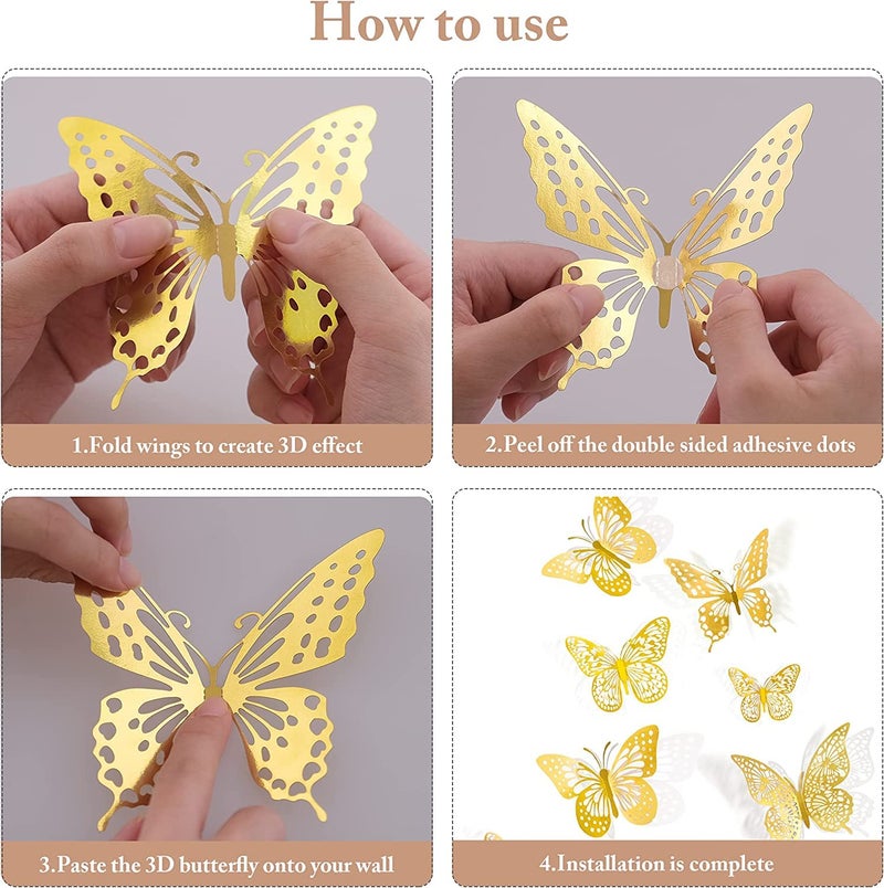 Abhsant 3D Metallic Butterfly Decoration Items for Wall - Golden Butterfly Sticker Butterflies for Room, Bedroom, Living Room Decor - Party and Baby Room Decor (12pcs) (12) - Image 5