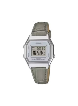 Casio LA680WEL-8A2DF Vintage Unisex Digital Watch - Silver-Tone Case, Grey Embossed Leather Band, Retro Vintage Design