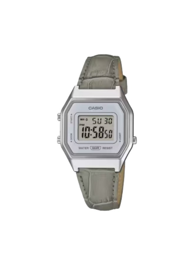 Casio LA680WEL-8A2DF Vintage Unisex Digital Watch - Silver-Tone Case, Grey Embossed Leather Band, Retro Vintage Design