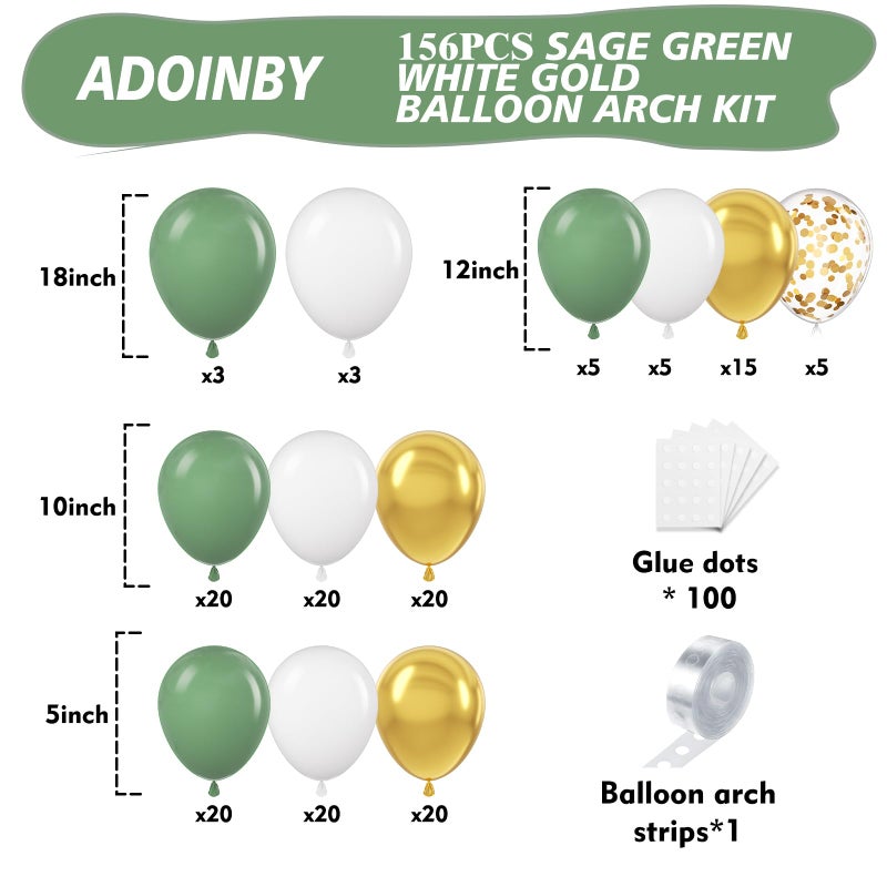 ADOINBY Sage Green White Gold Balloon Arch Kit, 156Pcs Latex Balloons Different Sizes 18 12 10 5 Inch Party Balloon Garland Kit for Baby Shower, Wedding, Engagements, Birthday, Anniversary Decorations - Image 2