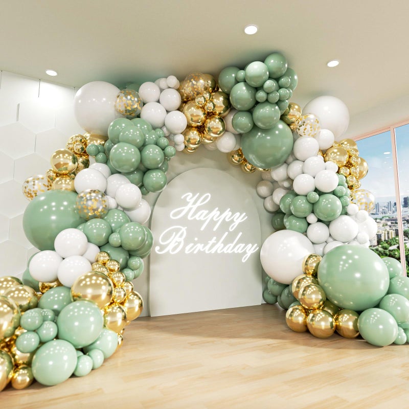 ADOINBY Sage Green White Gold Balloon Arch Kit, 156Pcs Latex Balloons Different Sizes 18 12 10 5 Inch Party Balloon Garland Kit for Baby Shower, Wedding, Engagements, Birthday, Anniversary Decorations - Image 1