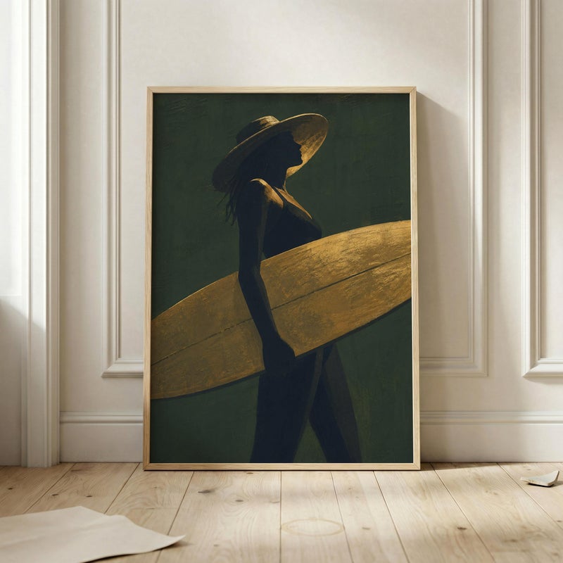 TNESSENTIAL Surfer Girl Poster, Gold and Green Wall Art, Boho Beach Print, Silhouette Painting, Coastal Bedroom Decor, Surf Lover Gift Art Print - Image 3