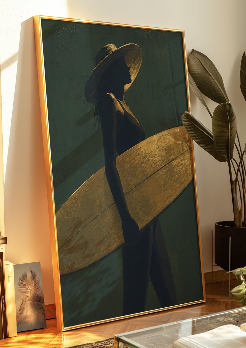 TNESSENTIAL Surfer Girl Poster, Gold and Green Wall Art, Boho Beach Print, Silhouette Painting, Coastal Bedroom Decor, Surf Lover Gift Art Print - Image 2