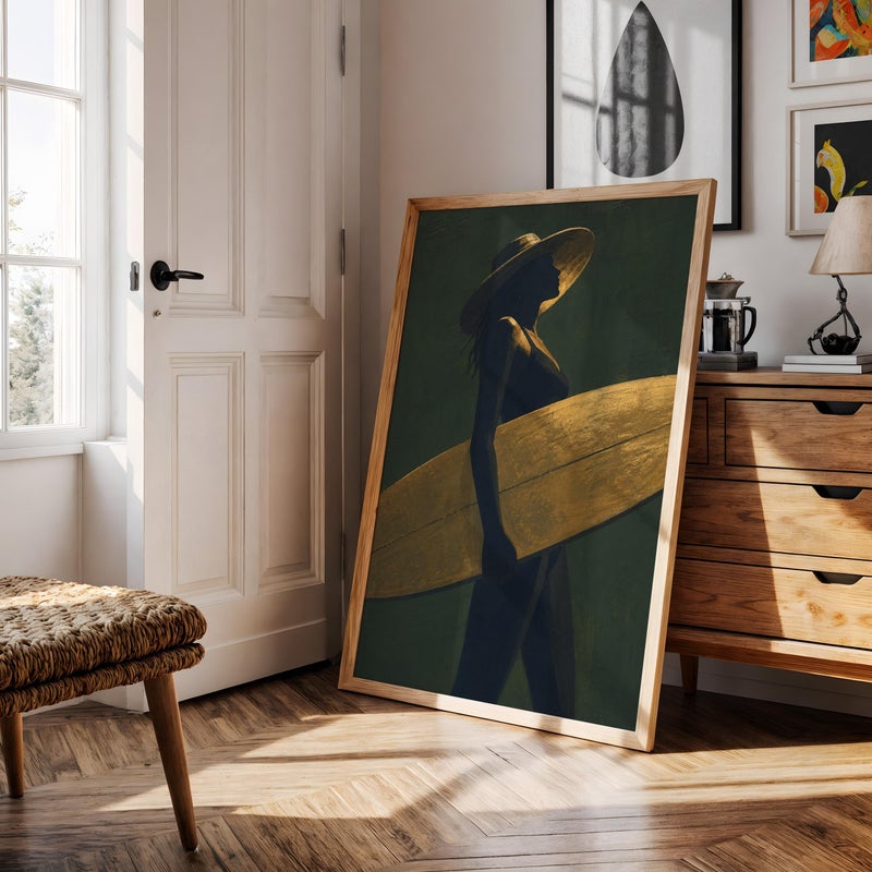 TNESSENTIAL Surfer Girl Poster, Gold and Green Wall Art, Boho Beach Print, Silhouette Painting, Coastal Bedroom Decor, Surf Lover Gift Art Print - Image 5