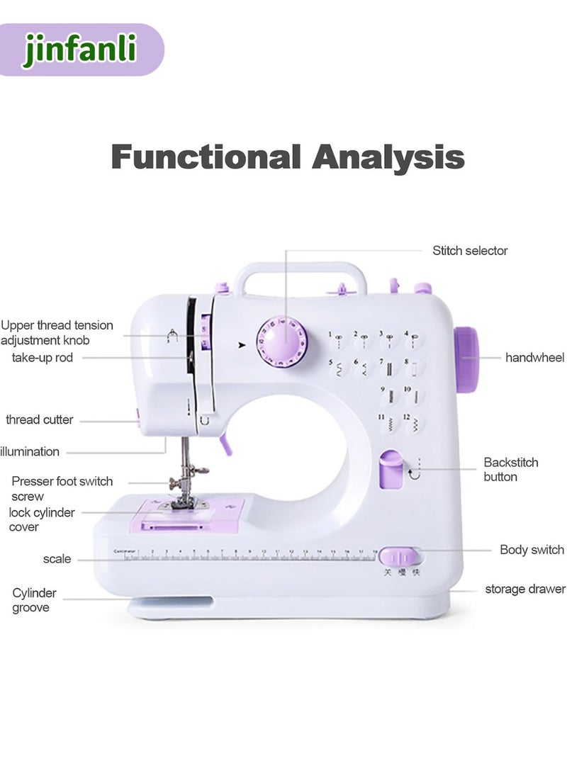 جين فان ل أنا ماكينة خياطة 12 إبرة مع دواسة قدم محمولة ودرج تخزين، خياطة عكسية بسرعتين، تحكم بالقدم، ضوء عمل، 100 فولت - 240 فولت، مناسبة للمبتدئين وهواة الخياطة، أبيض/أرجواني - Image 2