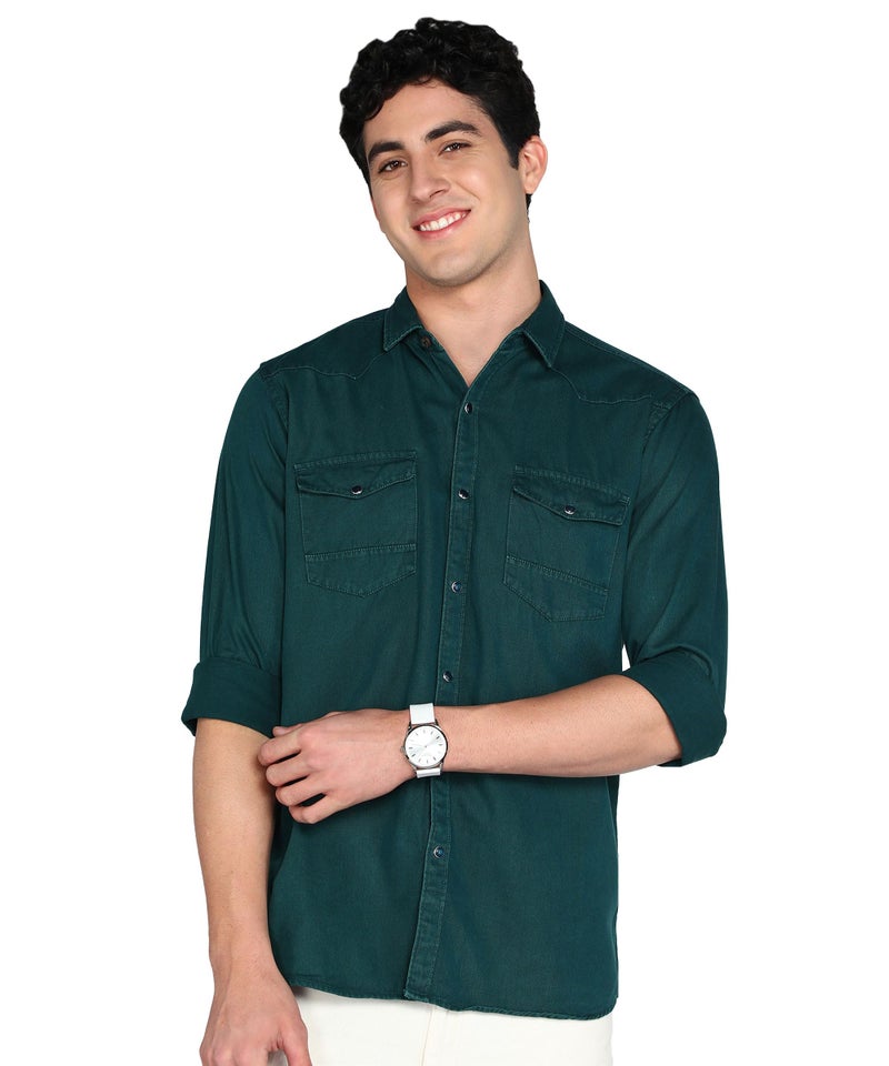 Kuons Avenue Men's Denim Casual Shirt | Double Pocket Shirt for Men (in, Alpha, XL, Regular, Teal Green) - Image 1