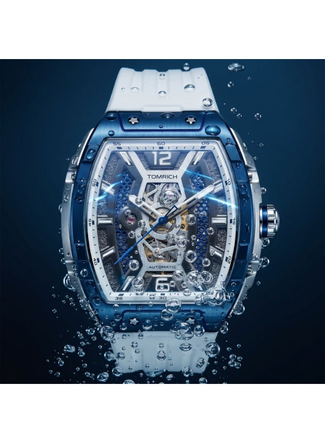 TOMRICH Apex X TR6603 Automatic Skeleton Watch White Silicone Strap Blue Silver Tonneau Dial 5ATM Water Resistant - Image 4