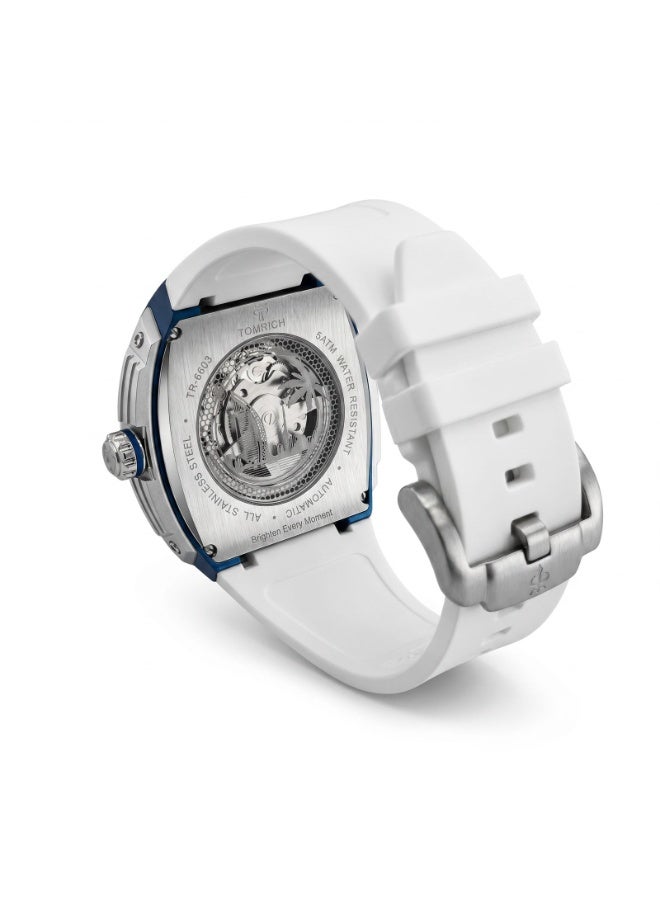 TOMRICH Apex X TR6603 Automatic Skeleton Watch White Silicone Strap Blue Silver Tonneau Dial 5ATM Water Resistant - Image 2