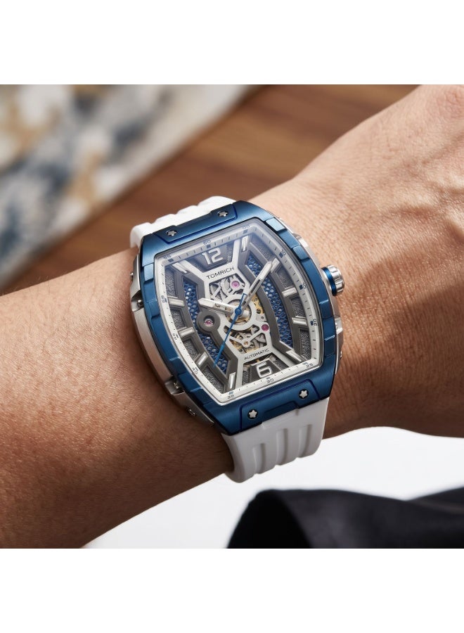 TOMRICH Apex X TR6603 Automatic Skeleton Watch White Silicone Strap Blue Silver Tonneau Dial 5ATM Water Resistant - Image 5