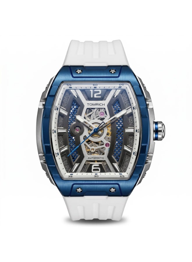 TOMRICH Apex X TR6603 Automatic Skeleton Watch White Silicone Strap Blue Silver Tonneau Dial 5ATM Water Resistant - Image 1