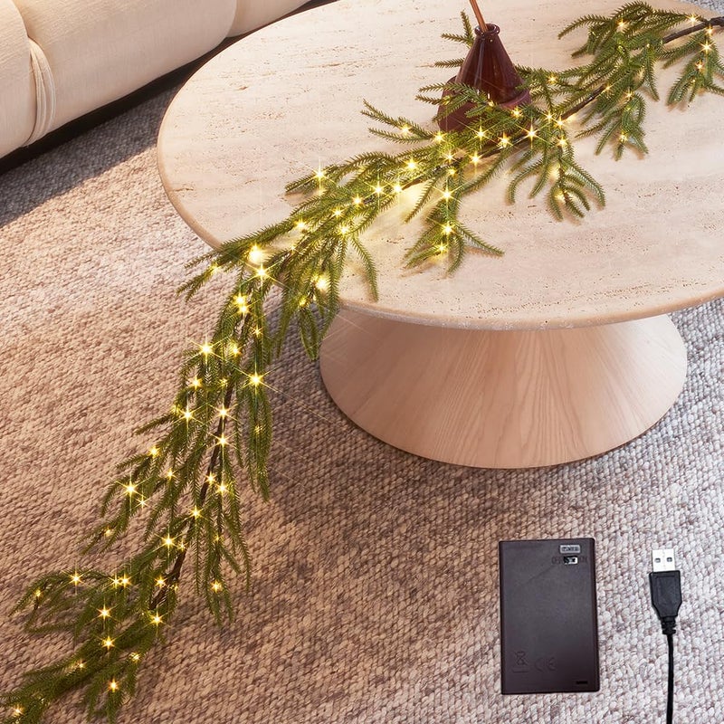 LITBLOOM Norfolk Pine Garland with Lights 6FT Battery Operated or USB Powered Lighted Garland with Timer 110 LED Fairy Lights for Fireplace Table Christmas Decoration - Image 2