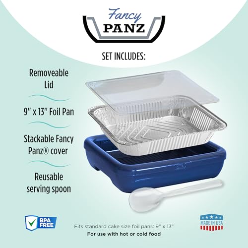 Fancy Panz, Serving Tray for Food, Made in the USA Foil Pan Carrier, Stackable Aluminum Pan Holders, 9x13x2 Travel Casserole Carrier, Denim Blue - Image 3