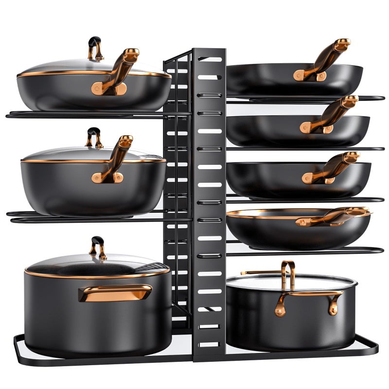 MUDEELA Pots and Pans Organizer  Rack under Cabinet 8Tier Kitchen Cabinet Organizers and Storage LightDuty Adjustable Pot Racks Pan Organizers inside Cabinet with 3 DIY Methods