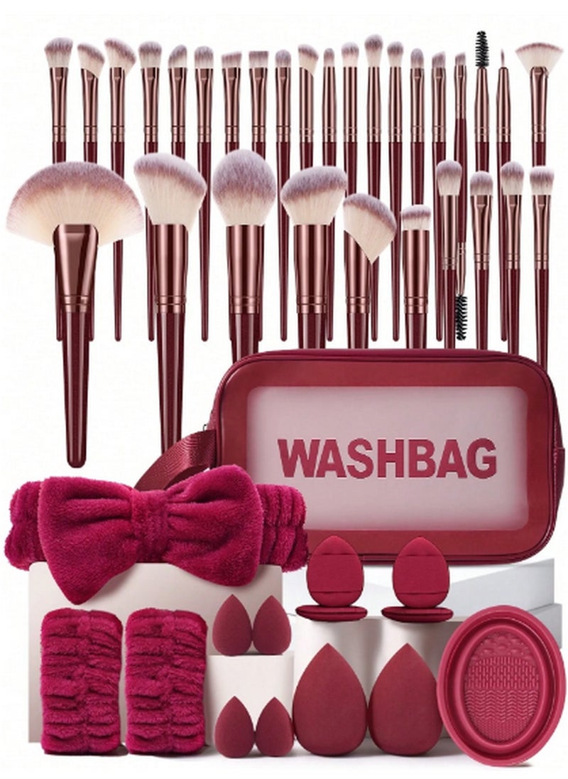 Generic 45-Piece Burgundy Makeup Brush & Accessory Set – Elegant Beauty Kit for Flawless Application  - Image 1