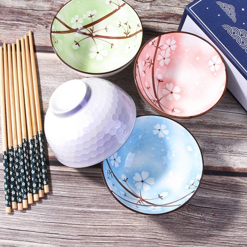Cerficer Ceramic Rice Bowls and Chopsticks Sushi Bowl Set of 4 for Rice Soups Cereals - Image 2
