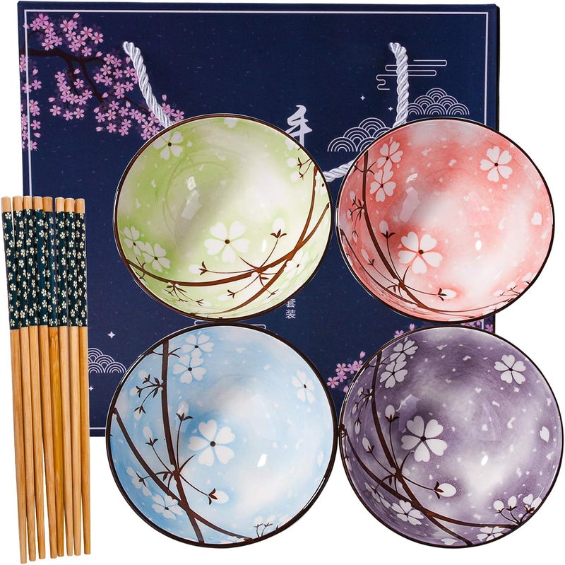 Cerficer Ceramic Rice Bowls and Chopsticks Sushi Bowl Set of 4 for Rice Soups Cereals - Image 1