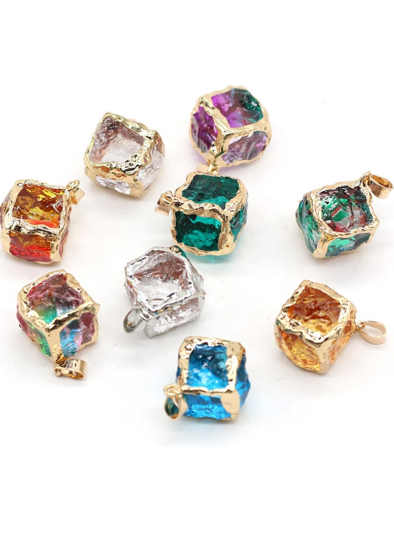 Pink  Natural Stone Crystal 25x25mm Square Glass Pendant With Gold Edge - Image 2