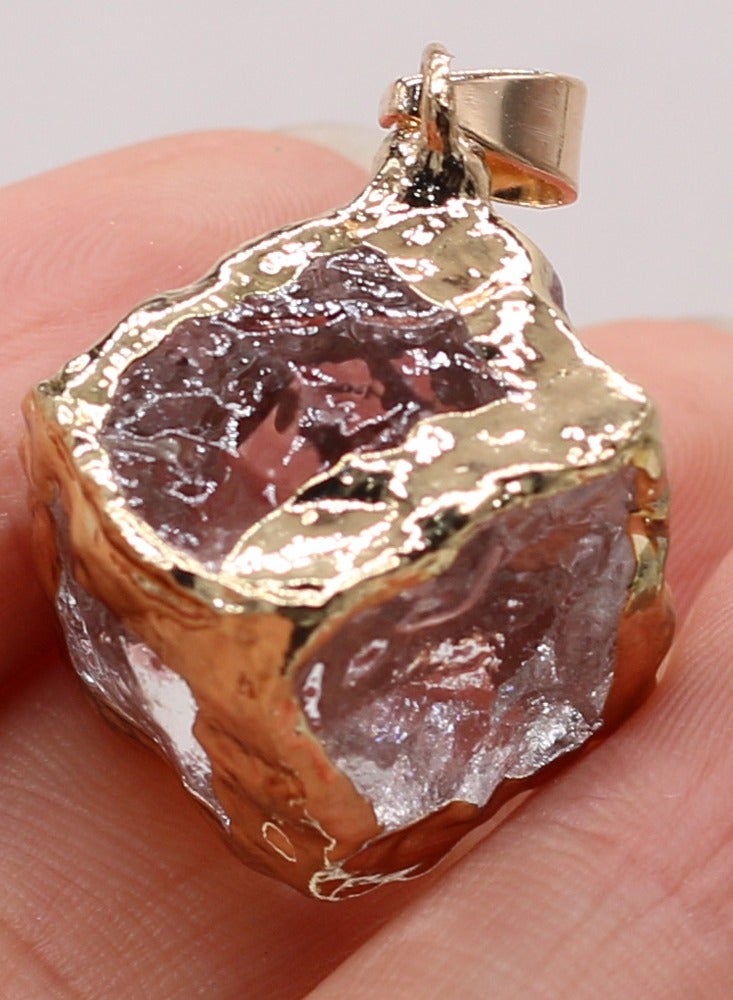 Pink  Natural Stone Crystal 25x25mm Square Glass Pendant With Gold Edge - Image 1