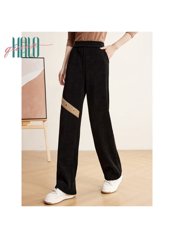 HALOQUEEN Halo Queen Fleece-lined Casual Pants For Women Elastic Waist Fashion Patch Trendy Warm Straight-leg Trousers New Arrival - Image 3