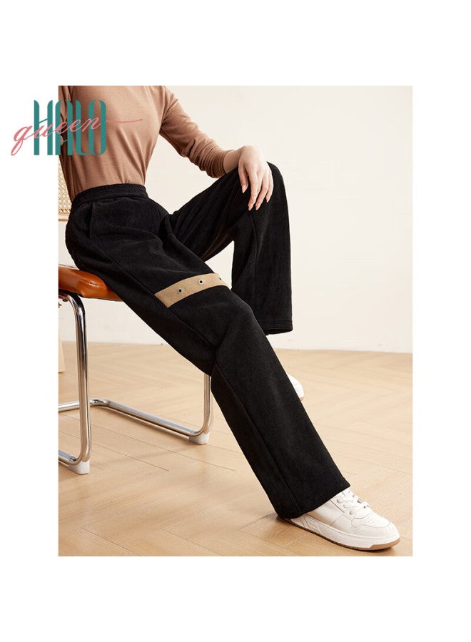 HALOQUEEN Halo Queen Fleece-lined Casual Pants For Women Elastic Waist Fashion Patch Trendy Warm Straight-leg Trousers New Arrival - Image 1