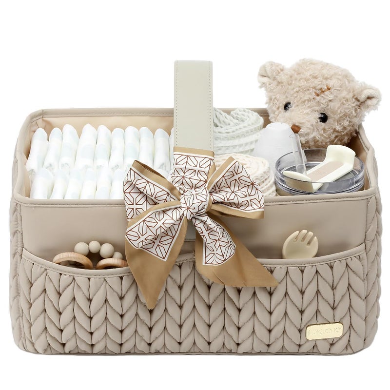 LUKJOJO Luxurious Baby Diaper Caddy, Nursery Storage Basket for Newborn Essentials, Travel Baby Basket for Diapers Baby Wipes, Organizer Tote Bag Storage Bin, Baby Shower Gifts(Beige) - Image 1