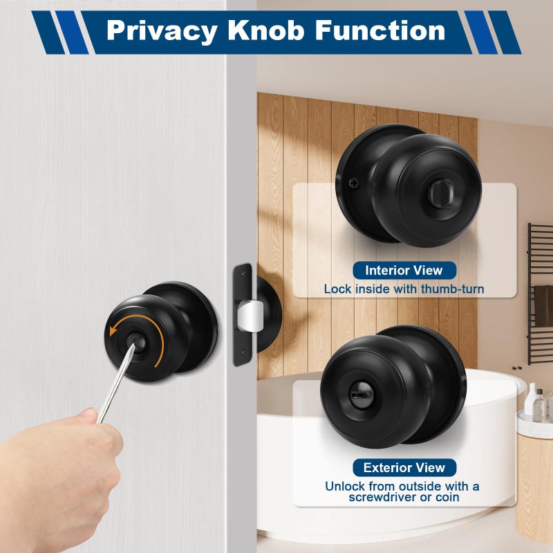 Estmoon 6 Pack Door Knobs, Matte Black Privacy Door Knob with Lock, Keyless Door Handle with Lock for Bedrooms/Bathrooms - Image 4