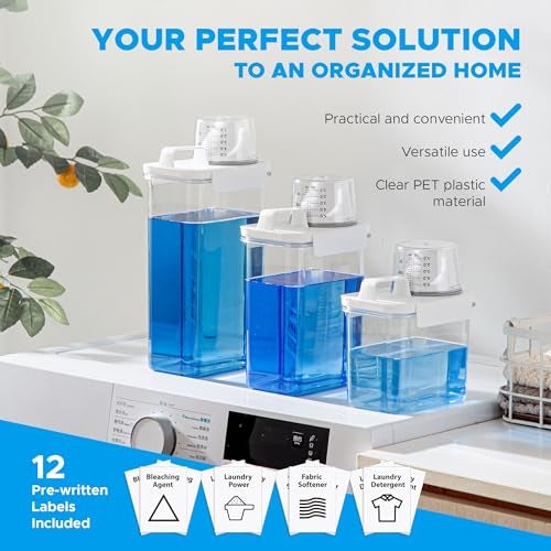 VUNDO [3 Pack] Liquid Laundry Detergent Dispenser For Laundry Room Organization And Storage, 78oz Large Capacity Laundry Soap Containers With 12 Removable Labels, BPA Free & PET Plastic Clear - Image 3