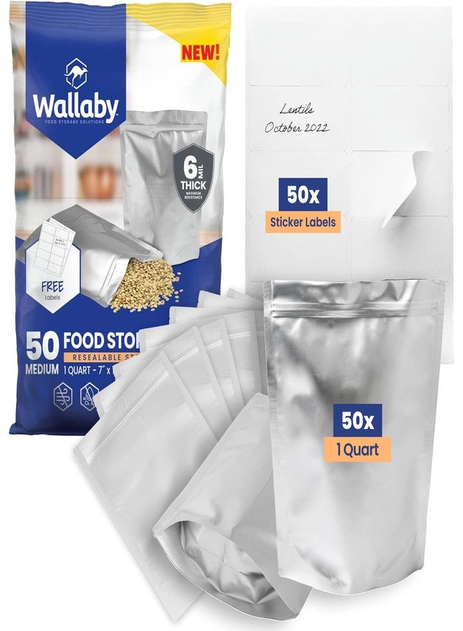 Wallaby 50 Count 1-Quart Gusset Mylar Bags with Labels, 12 Mil Total Thickness Long-Term Food Storage Pouches, 10x7 Stand-Up Zipper Heat-Sealable Airtight Packaging - Silver - Image 1