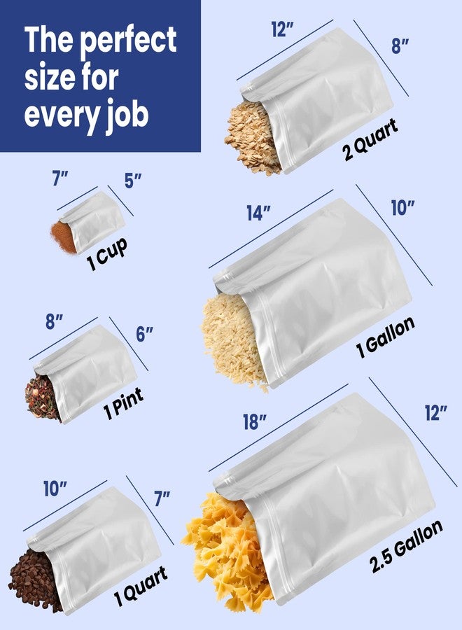 Wallaby 50 Count 1-Quart Gusset Mylar Bags with Labels, 12 Mil Total Thickness Long-Term Food Storage Pouches, 10x7 Stand-Up Zipper Heat-Sealable Airtight Packaging - Silver - Image 2