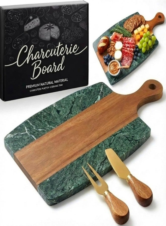 Ziliny Green Marble Cutting Board Marble and Wood Charcuterie Board Gift Set House Warming Gifts New Home with Cheese Knives Acacia Cheese Platter with Handle for Valentine's Day Wedding Party Gift(Square) - Image 1