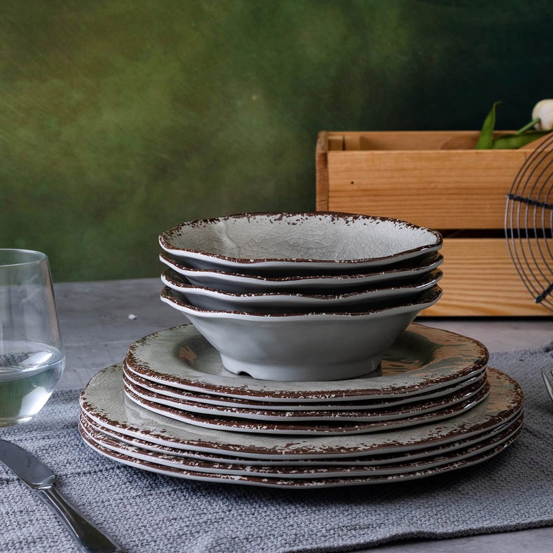LEHAHA Farmhouse Melamine Dishes Dinnerware Set, 12 Piece Rustic Plates and Bowls Great for Picnic, Camping, Service for 4, Reusable and Dishwasher Safe, Indoor and Outdoor Use - Image 5
