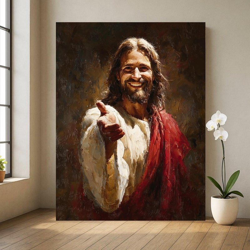 ARS Framed Canvas Abstract Painting Print of Jesus Smiling Canvas Wall Art – Christian Home Decor – Gallery Canvas or Poster Print Mythology Love Art, Spiritual Wall Decor, Vibrant Couple Portrait, Ready to Hang Print Art - Image 1
