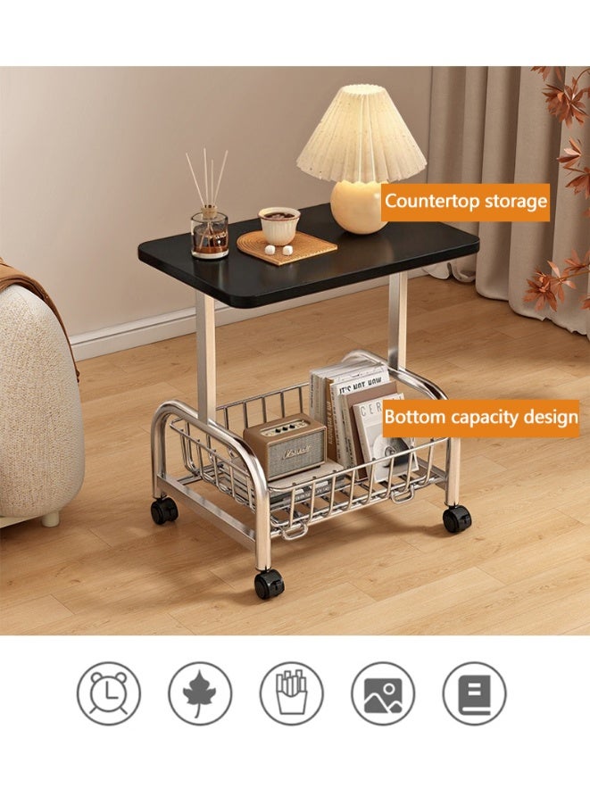 والالا طاولة جانبية دوارة للأريكة مع عجلات، طاولة جانبية صغيرة من مستويين، طاولة قهوة متنقلة لغرفة المعيشة وغرفة النوم، سهلة التجميع، تصميم ريفي للكمبيوتر المحمول أو الوجبات الخفيفة أو مشغل الأسطوانات مع سلة تخزين - Image 3