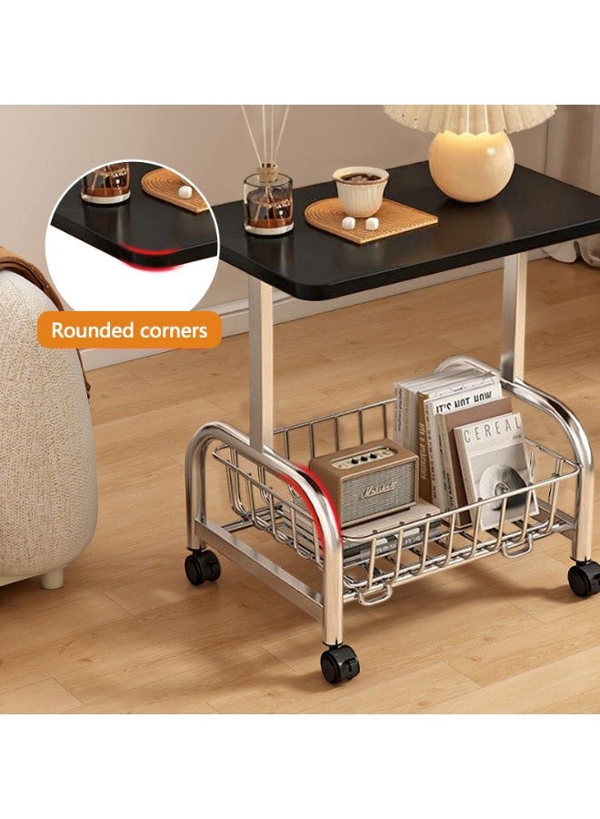 والالا طاولة جانبية دوارة للأريكة مع عجلات، طاولة جانبية صغيرة من مستويين، طاولة قهوة متنقلة لغرفة المعيشة وغرفة النوم، سهلة التجميع، تصميم ريفي للكمبيوتر المحمول أو الوجبات الخفيفة أو مشغل الأسطوانات مع سلة تخزين - Image 4