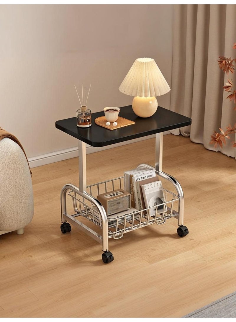والالا طاولة جانبية دوارة للأريكة مع عجلات، طاولة جانبية صغيرة من مستويين، طاولة قهوة متنقلة لغرفة المعيشة وغرفة النوم، سهلة التجميع، تصميم ريفي للكمبيوتر المحمول أو الوجبات الخفيفة أو مشغل الأسطوانات مع سلة تخزين - Image 1