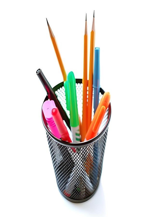 AIMI Pencil Case 2pcs Large Capacity Container Metal Mesh Pen Cup Office School Home Desk Pen Storage Organizer Can Makeup Holder Round Black - Image 5