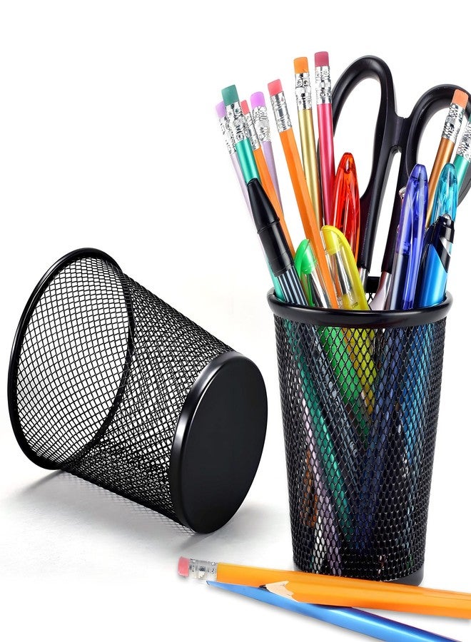 AIMI Pencil Case 2pcs Large Capacity Container Metal Mesh Pen Cup Office School Home Desk Pen Storage Organizer Can Makeup Holder Round Black - Image 3