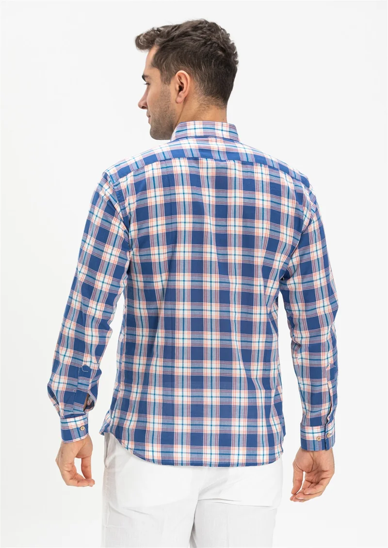 Eliş Şile Bezi Long Sleeve Slim Fit Şile Cloth Single Pocket Men's Shirt Saks Plaid 3060